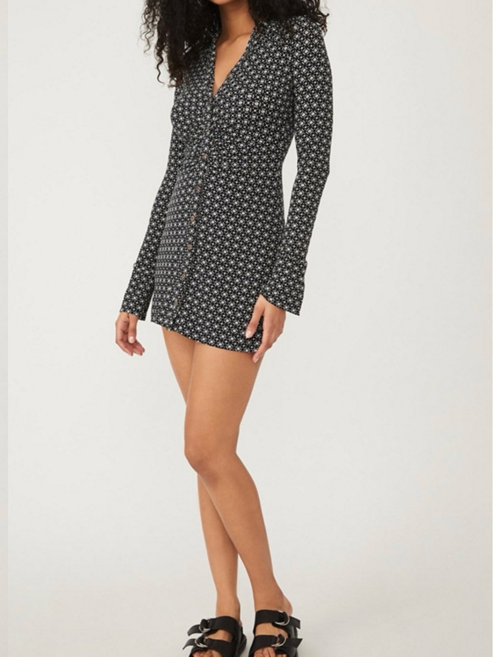 Free People Black Floral Button-Front Long-Sleeve Mini Dress size M